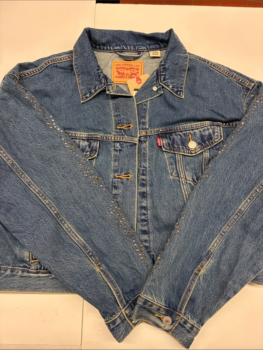 NEW Levi's Blue Denim Jacket with Rhinestone Studded Sleeves Size XL
